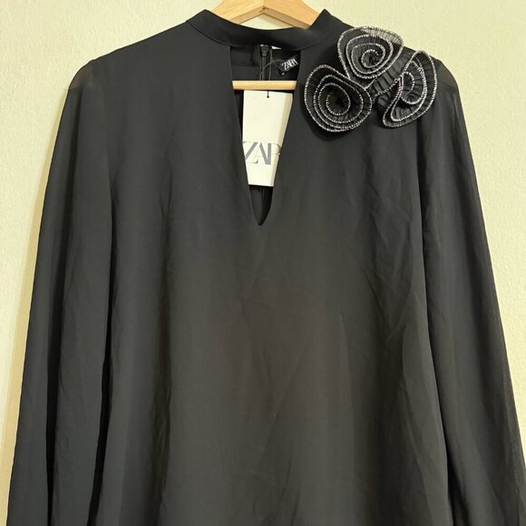 ZARA Black Chiffon Top with Embellished Flower Detail Size S NEW WITH TAG! - Picture 6 of 6